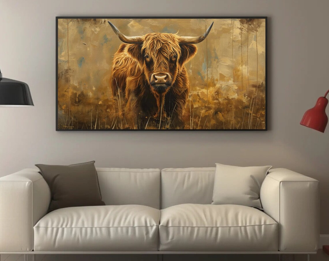 Scottish Highland Cow In Golden Field Rustic Portrait Poster