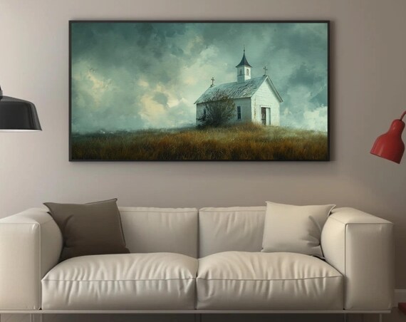 Lonely White Chapel On A Windswept Hill Under Moody Skies Poster