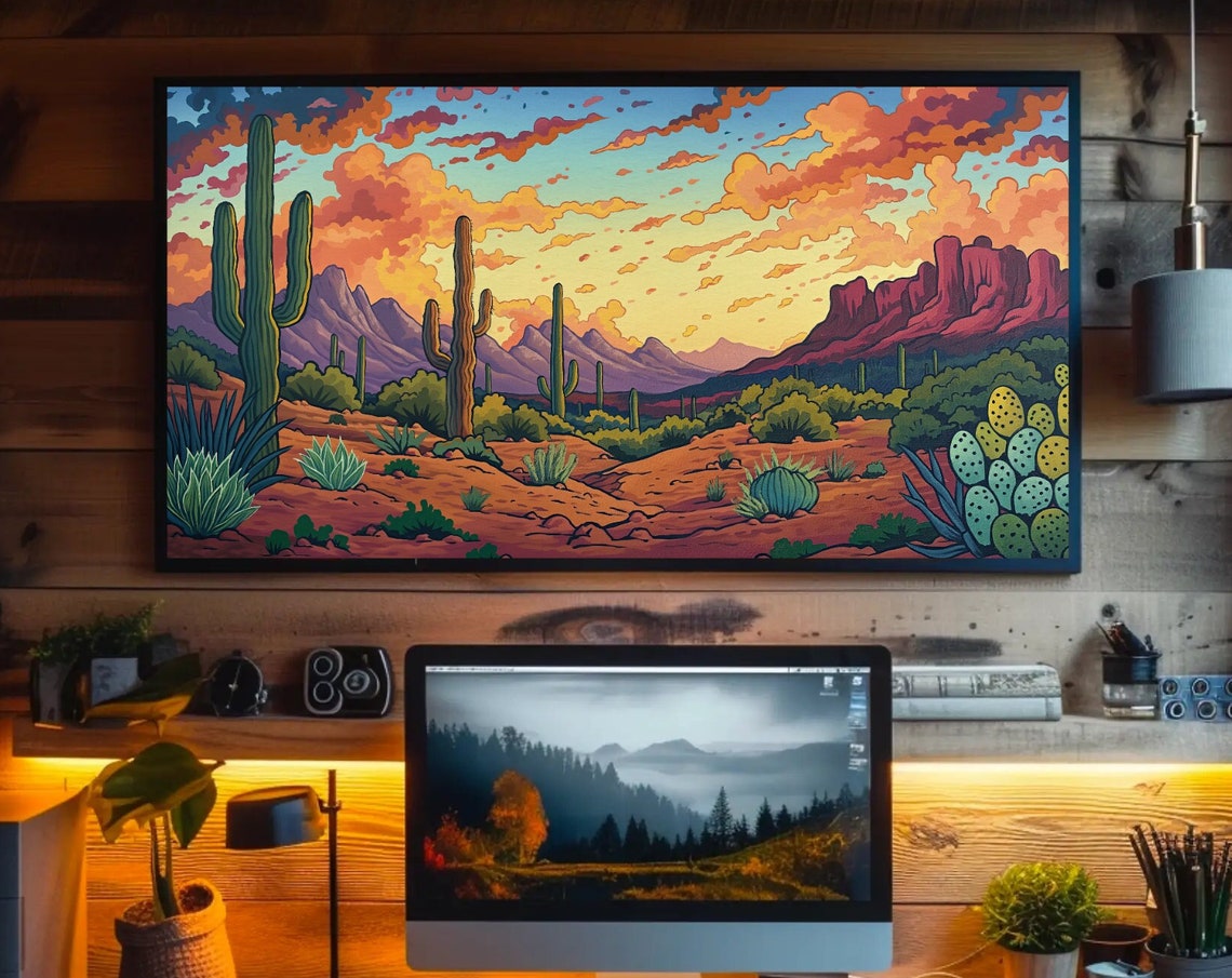 Sonoran Desert Sunset With Saguaro Cacti Illustration Poster
