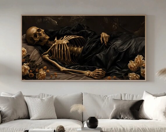 Reclining Golden Skeleton with Roses Gothic Dark Academia Art Poster