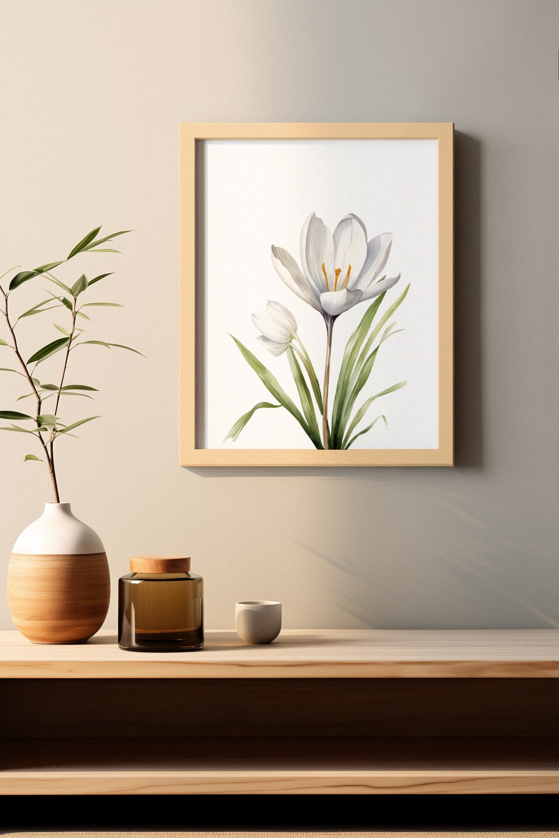 White Crocus Bloom With Bud Tender Serene Watercolor Art Poster - Image 2