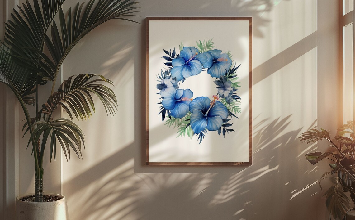 Blue Hibiscus Floral Wreath Serene Calming Watercolor Art Poster - Image 6