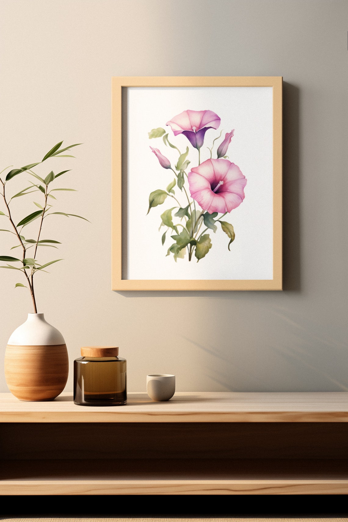 Pink Morning Glory Trumpets Watercolour Botanical Flower Poster - Image 2