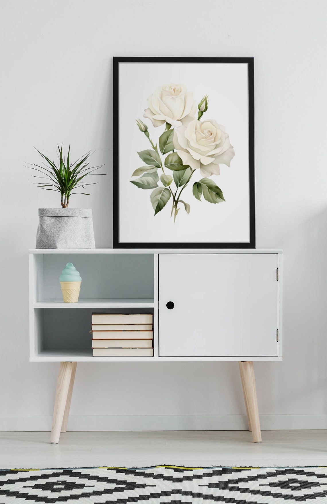 White Rose Pair With Buds Romantic Tender Watercolor Art Poster - Image 8