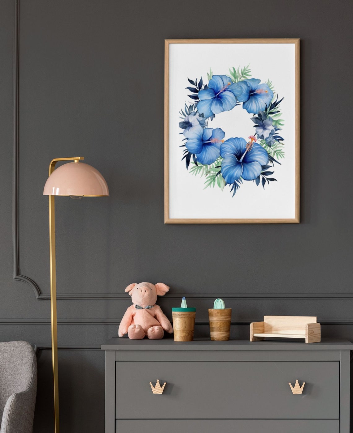 Blue Hibiscus Floral Wreath Serene Calming Watercolor Art Poster - Image 8