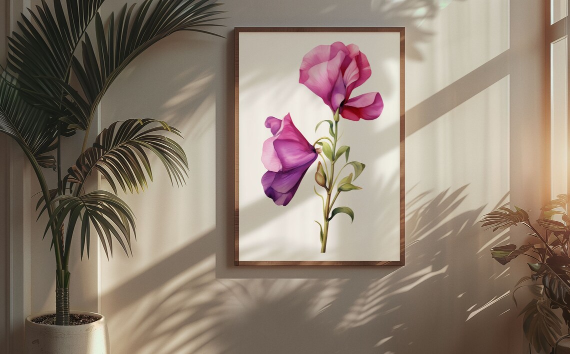Purple Sweet Pea Twin Blossoms Watercolour Botanical Flower Poster - Image 5