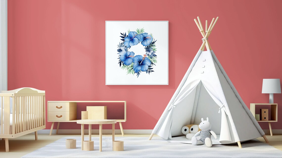 Blue Hibiscus Floral Wreath Serene Calming Watercolor Art Poster - Image 3