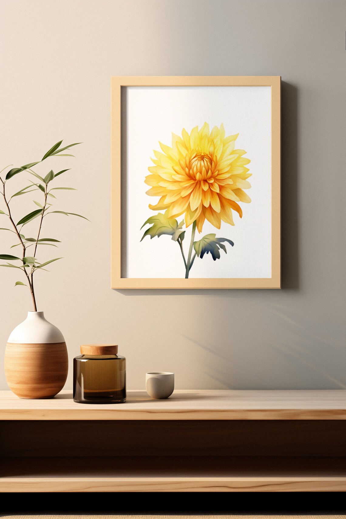 Sunny Yellow Dahlia Blossom Watercolour Botanical Art Poster - Image 2