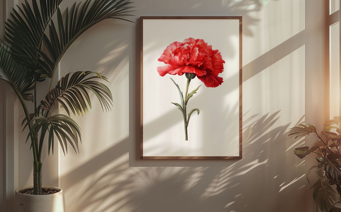Red Carnation Tall Stem Classic Elegant Watercolor Botanical Poster - Image 5