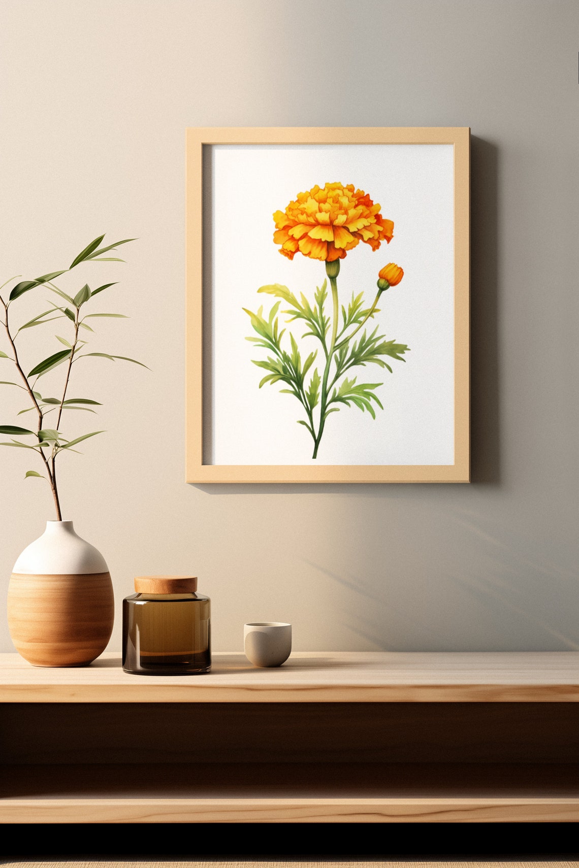 Golden Marigold Bloom Vintage Botanical Watercolour Art Poster - Image 3