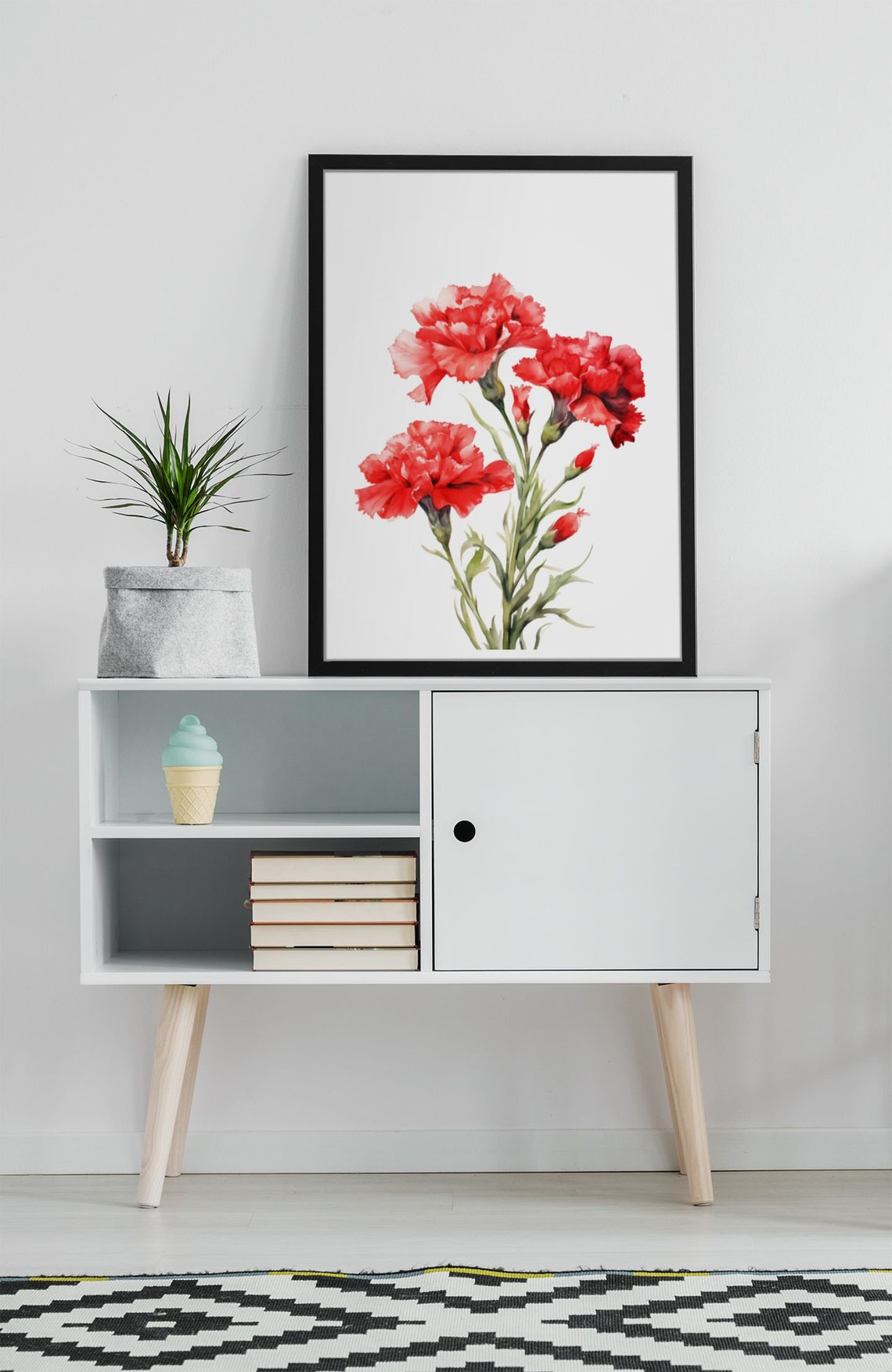 Red Carnation Cluster With Buds Lively Watercolor Art Poster - Image 6