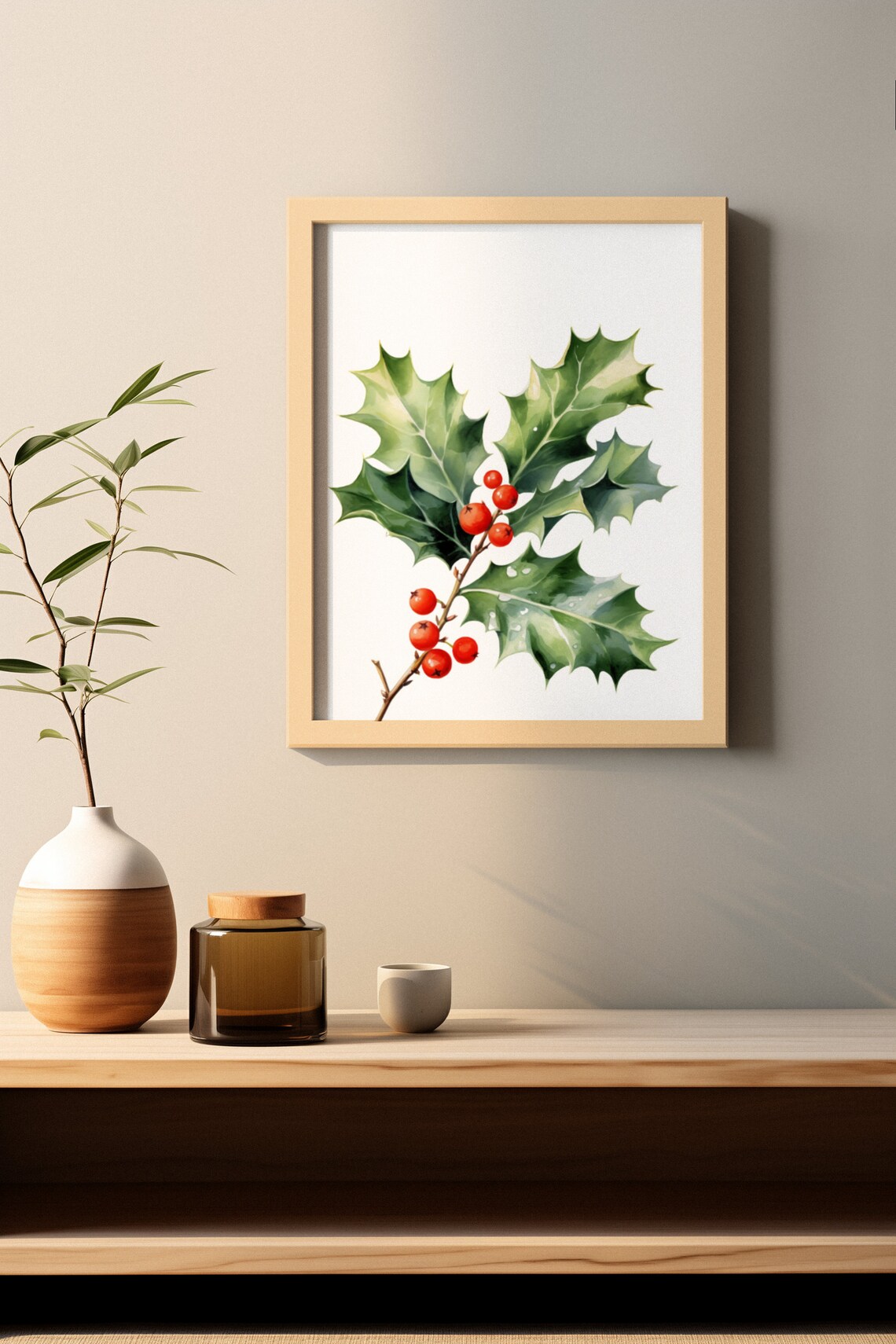 Holly Branch With Red Berries Classic Festive Watercolor Art Poster - Image 3