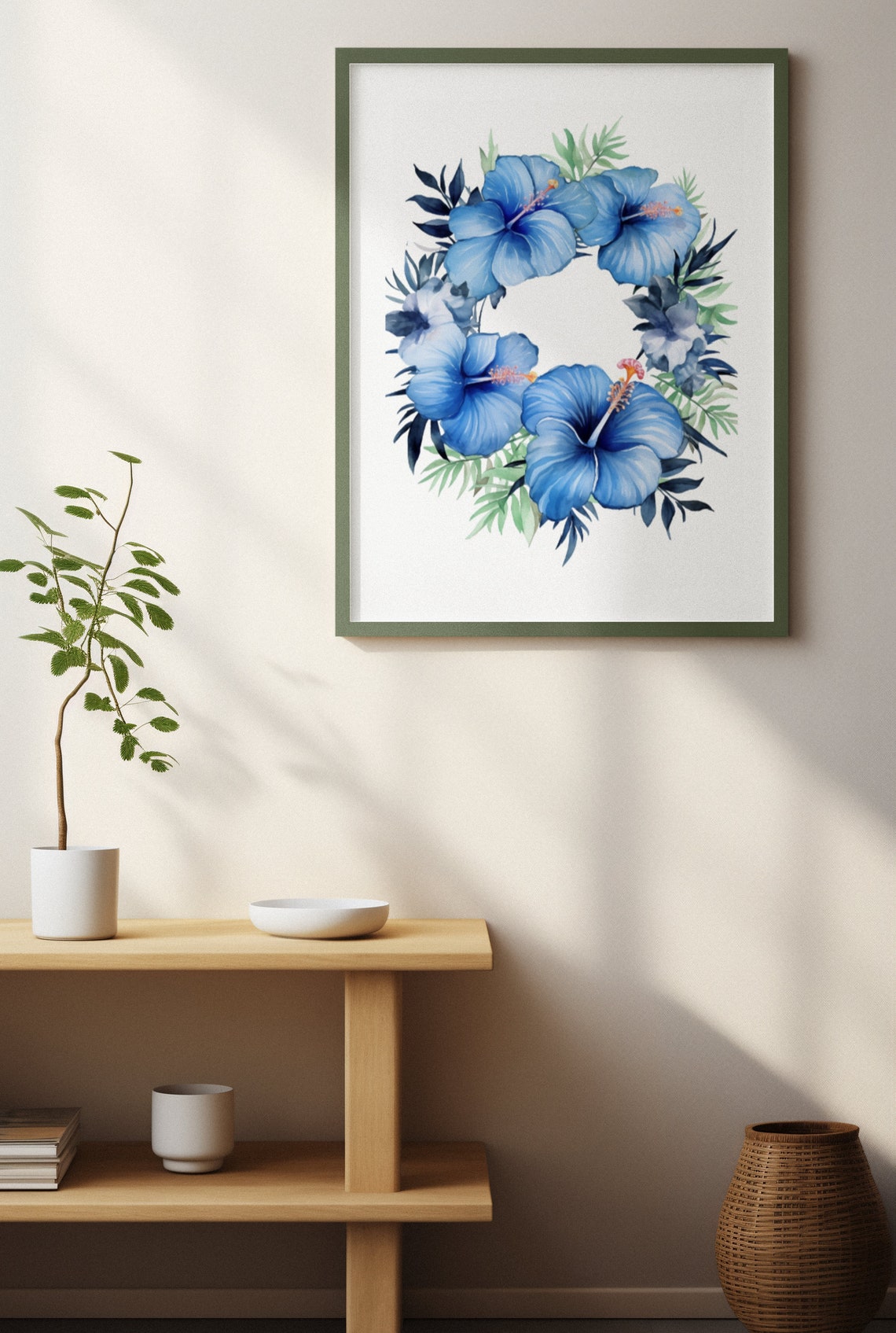 Blue Hibiscus Floral Wreath Serene Calming Watercolor Art Poster - Image 4