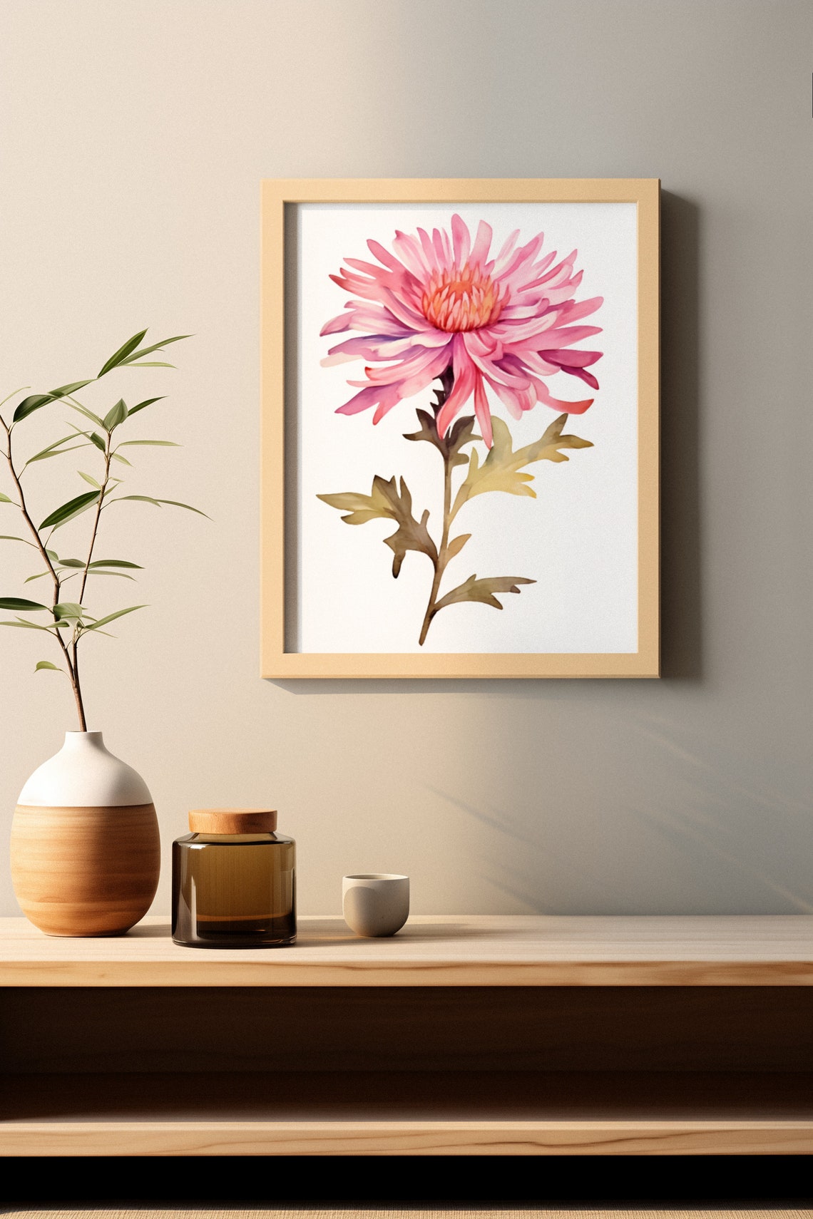 Coral Pink Aster Spiky Bloom Watercolour Botanical Flower Poster - Image 3
