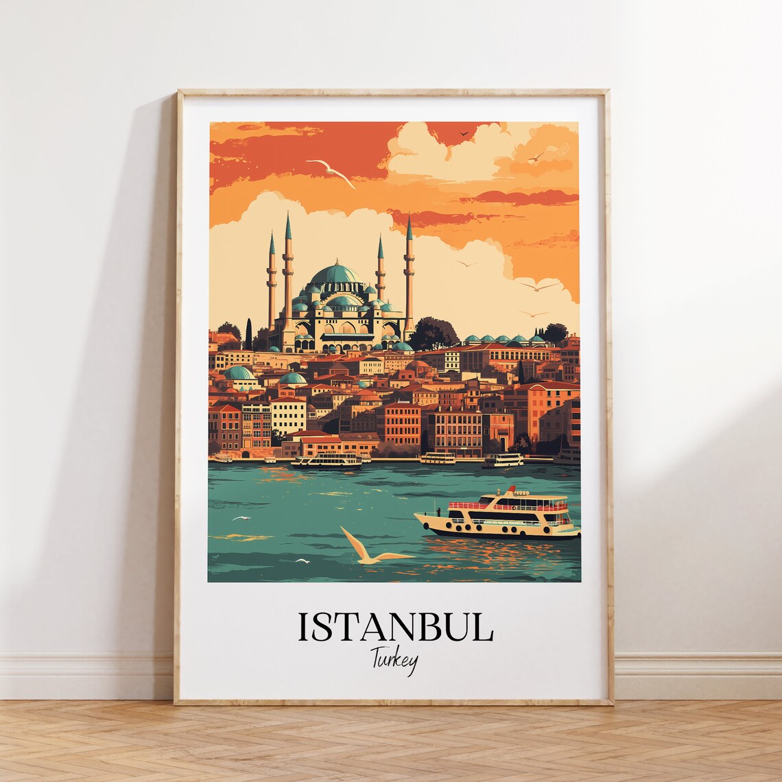 Istanbul Turkey Grand Mosque Bosphorus Sunset Skyline Travel Poster