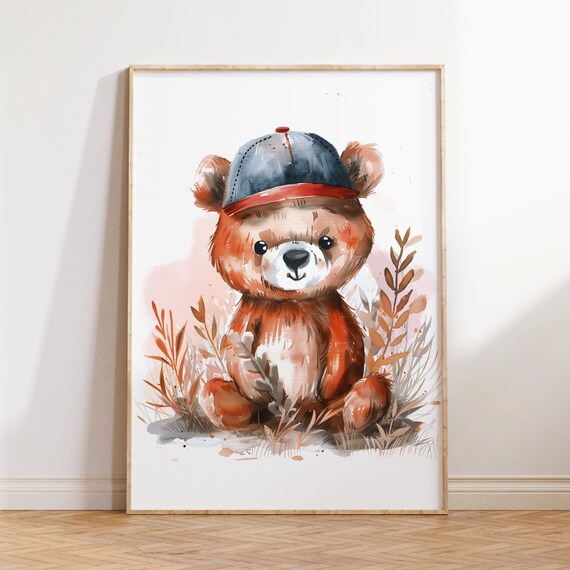 Cute Teddy Bear Wearing Baseball Cap Watercolor Nursery Poster