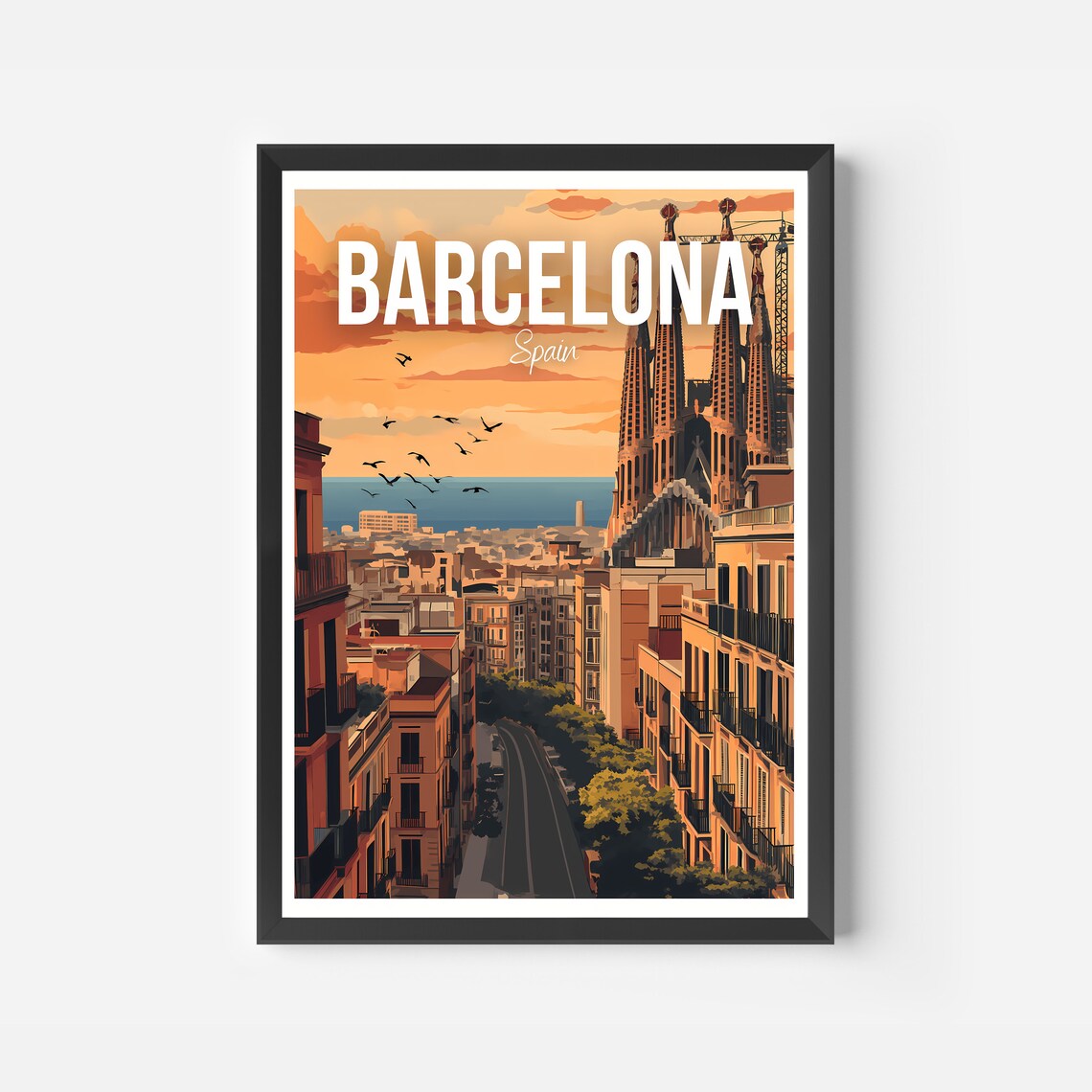Barcelona Spain Sagrada Familia Spires Sunset Street Travel Poster - Image 2