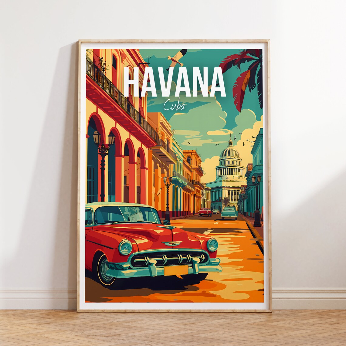 Havana Cuba Classic Car Capitolio Vintage Street Scene Poster