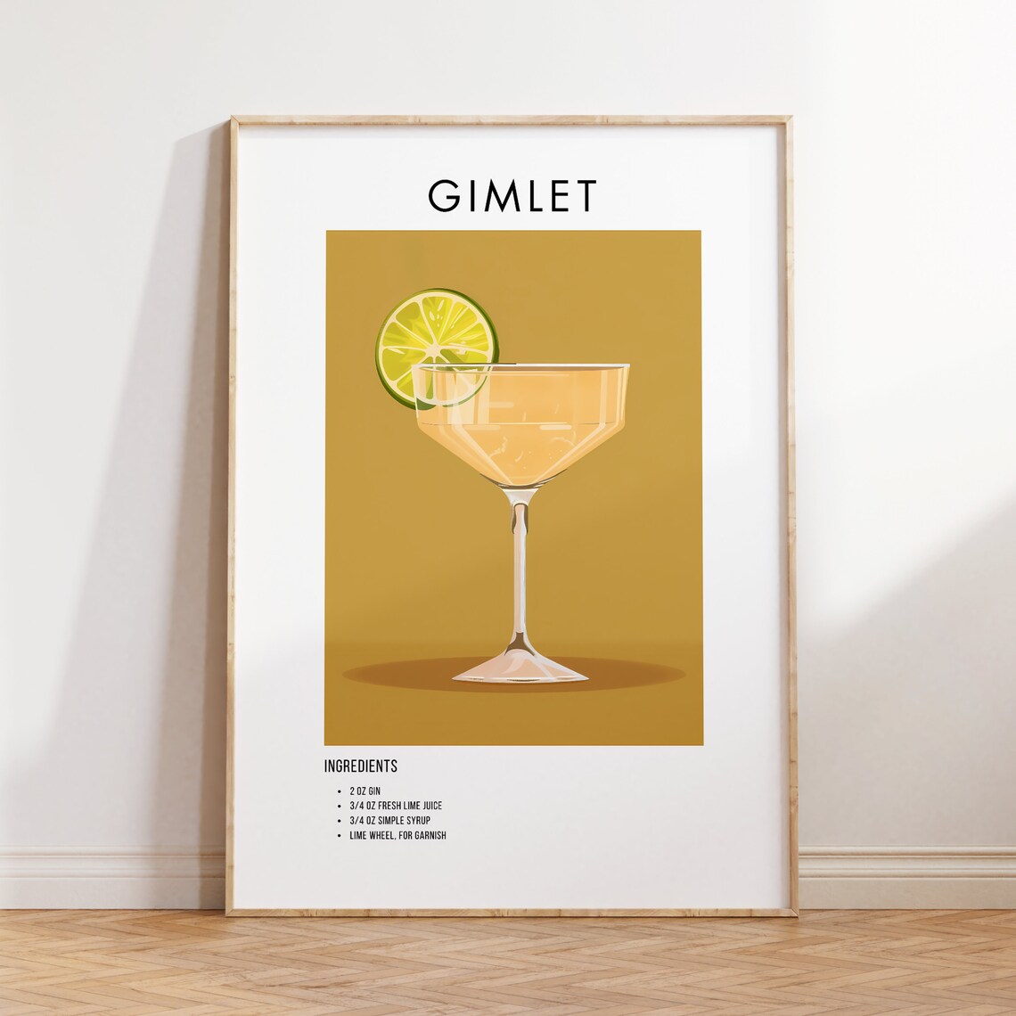 Gimlet Gin Cocktail Recipe Poster with Fresh Lime for Bar Decor