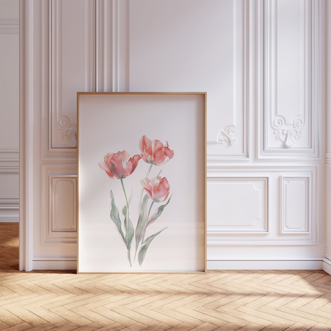 Red Tulip Watercolor Trio Minimalist Spring Botanical Art Poster - Image 2