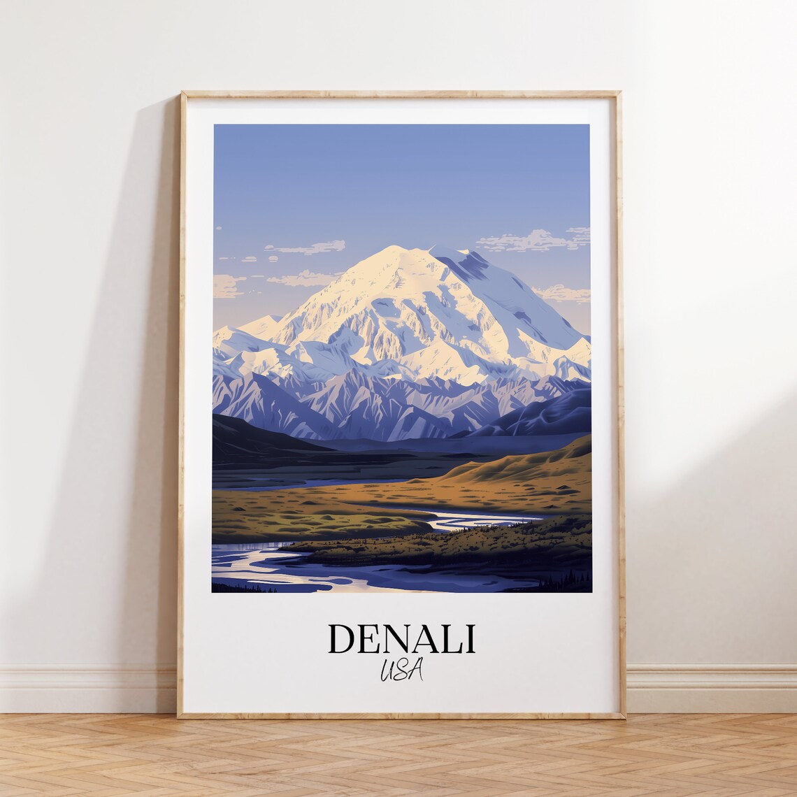 Denali USA Alaska Snow Mountain Vista Vintage Style Travel Poster