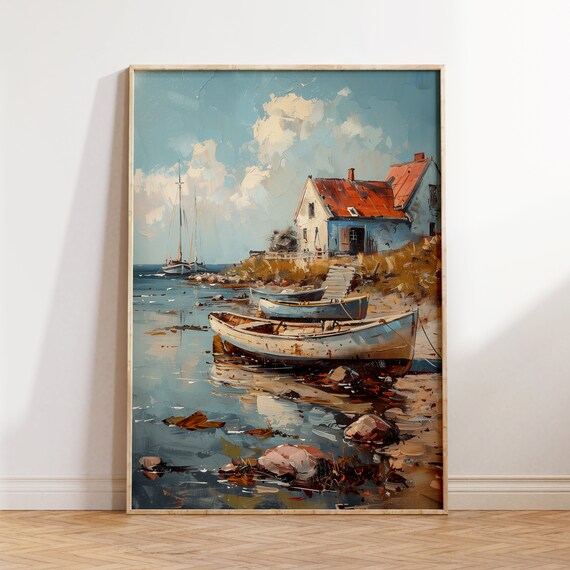 Coastal House Red Roof Oil Painting Beached Rowboats Seaside Poster