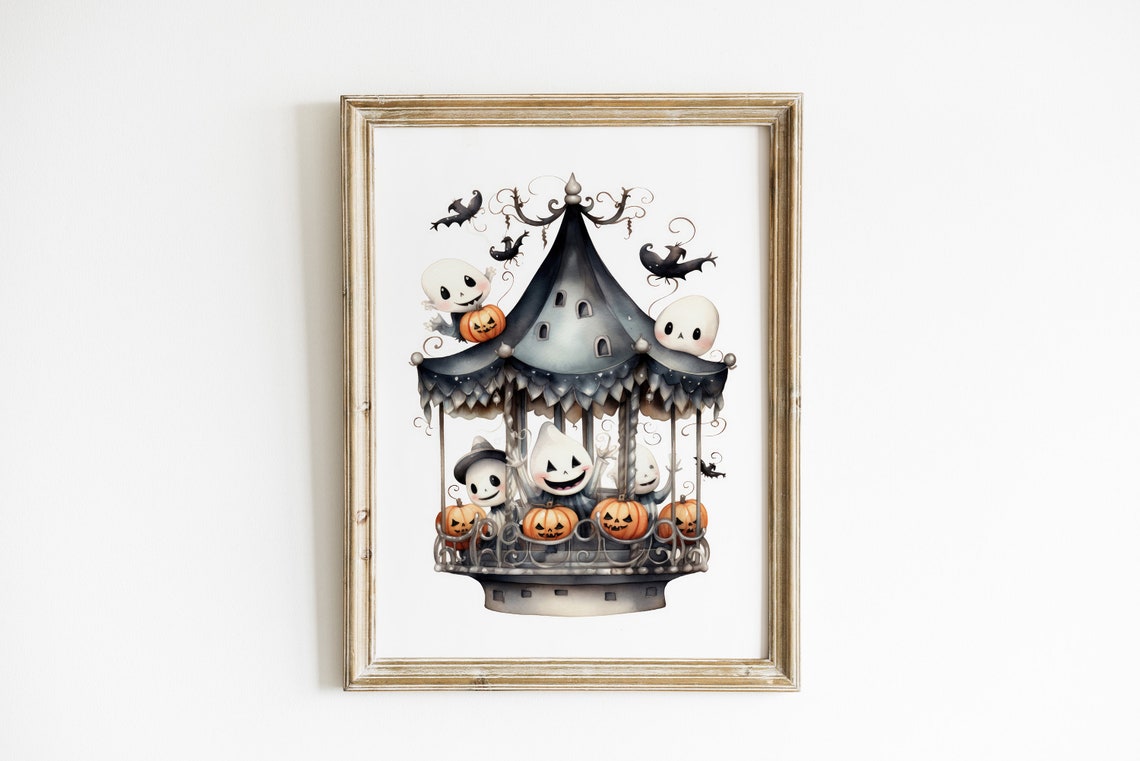 Spooky Cute Ghost Carousel with Pumpkins Halloween Art Print