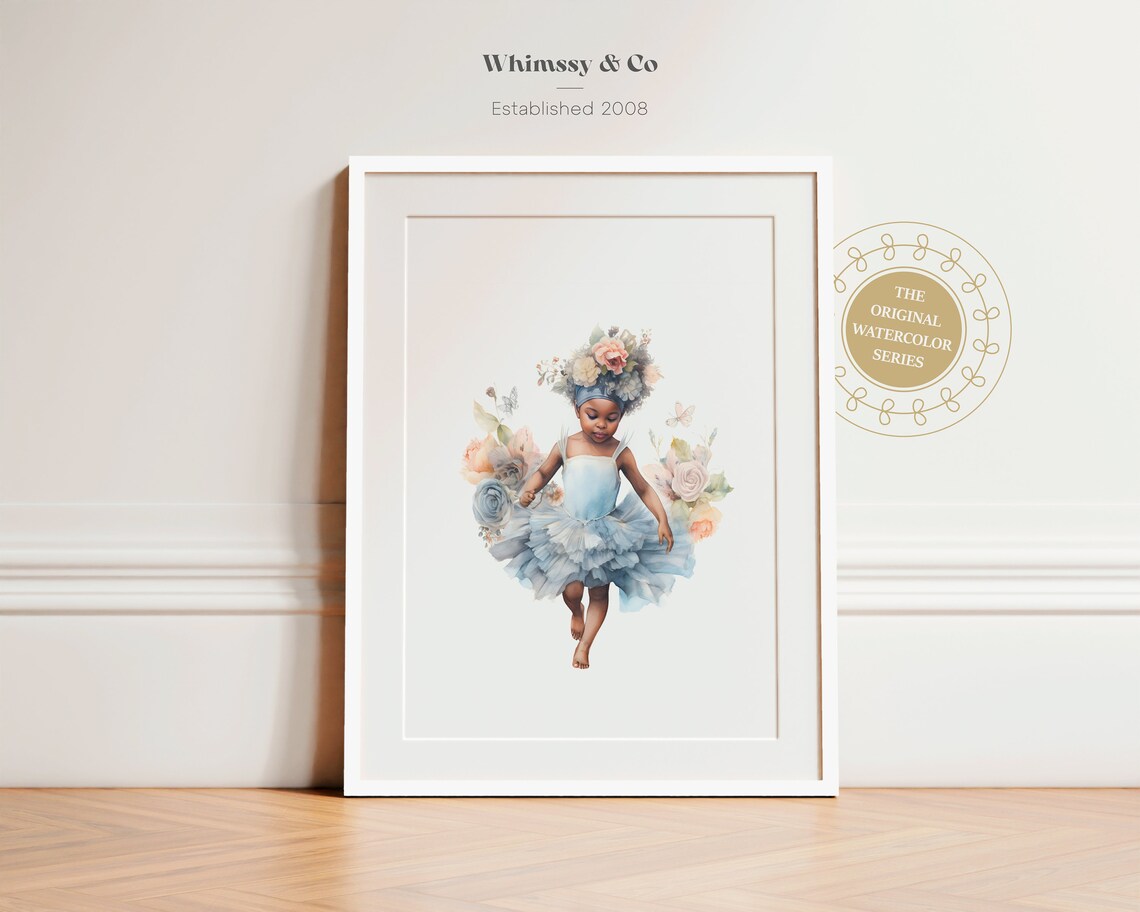 Floral Crown Blue Tutu Ballerina Girl Watercolor Nursery Poster