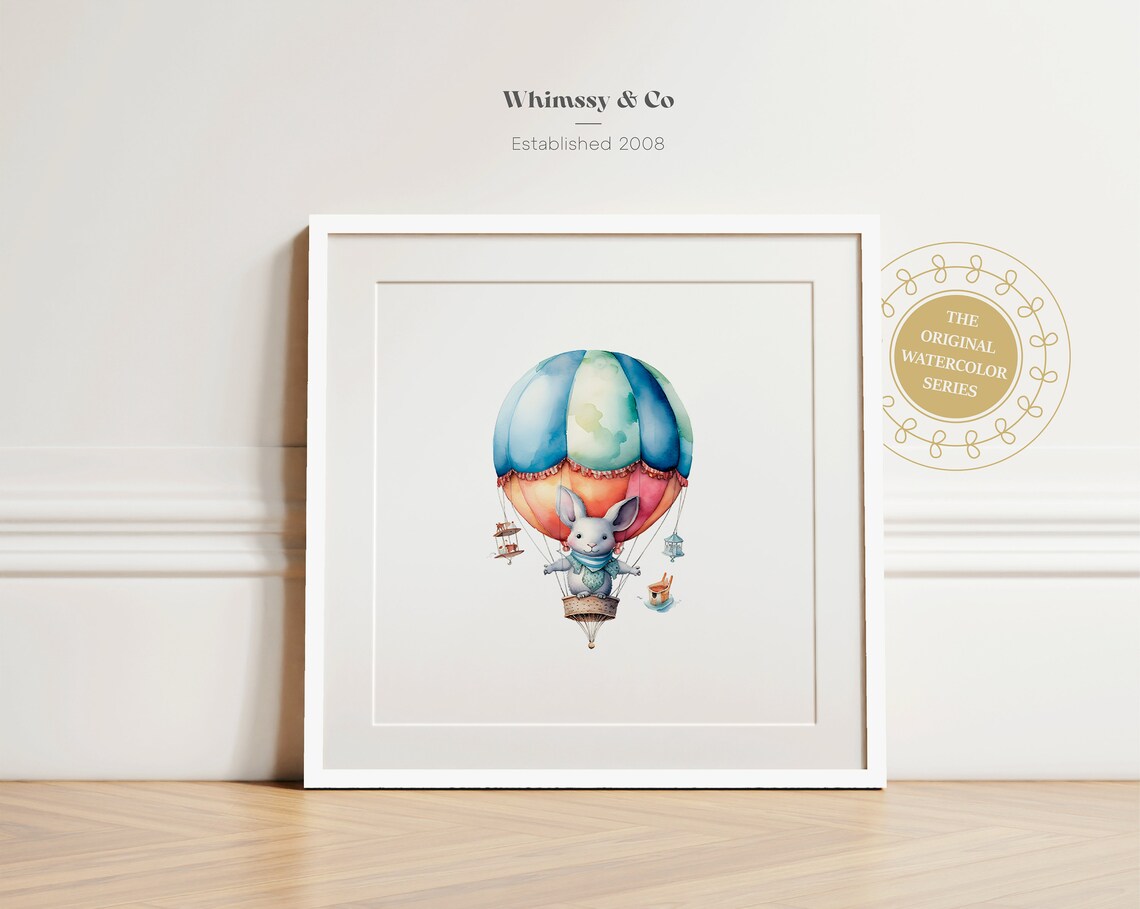 Watercolor Mouse Hot Air Balloon Nursery Baby Room Art Poster