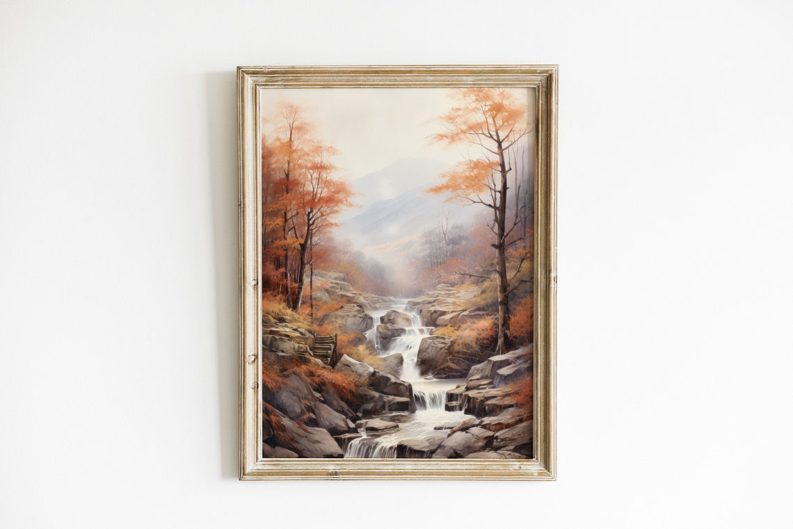Misty Autumn Waterfall Forest with Fall Foliage Landscape Poster