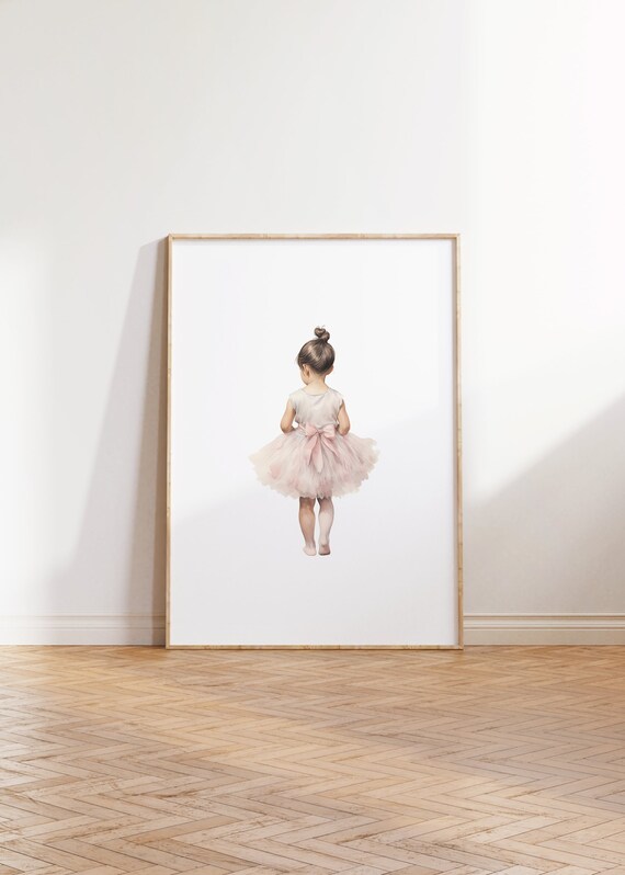 Little Ballerina Girl in Pink Tutu Back View Nursery Watercolor Poster