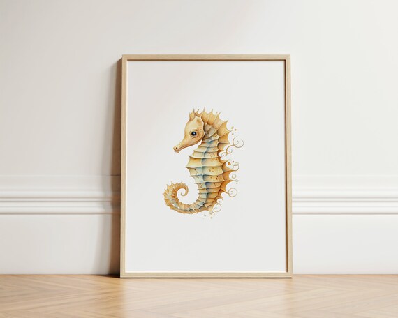 Gold And Blue Seahorse Watercolor Ocean Nursery Decor Art Poster