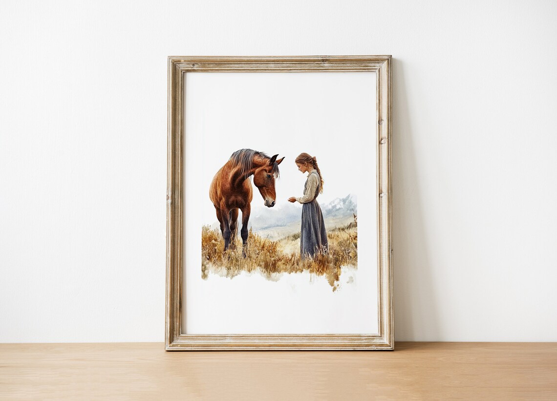 Girl And Horse Watercolor Country Meadow Poster Rustic Farmhouse Art