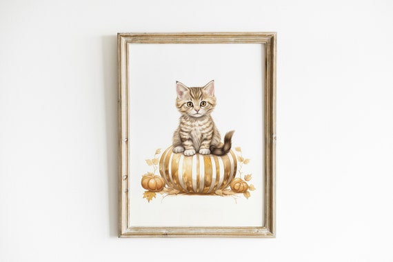 Fall Kitten Sitting Gold Pumpkin Halloween Wall Art Kids Decor Nursery Gift Playroom For