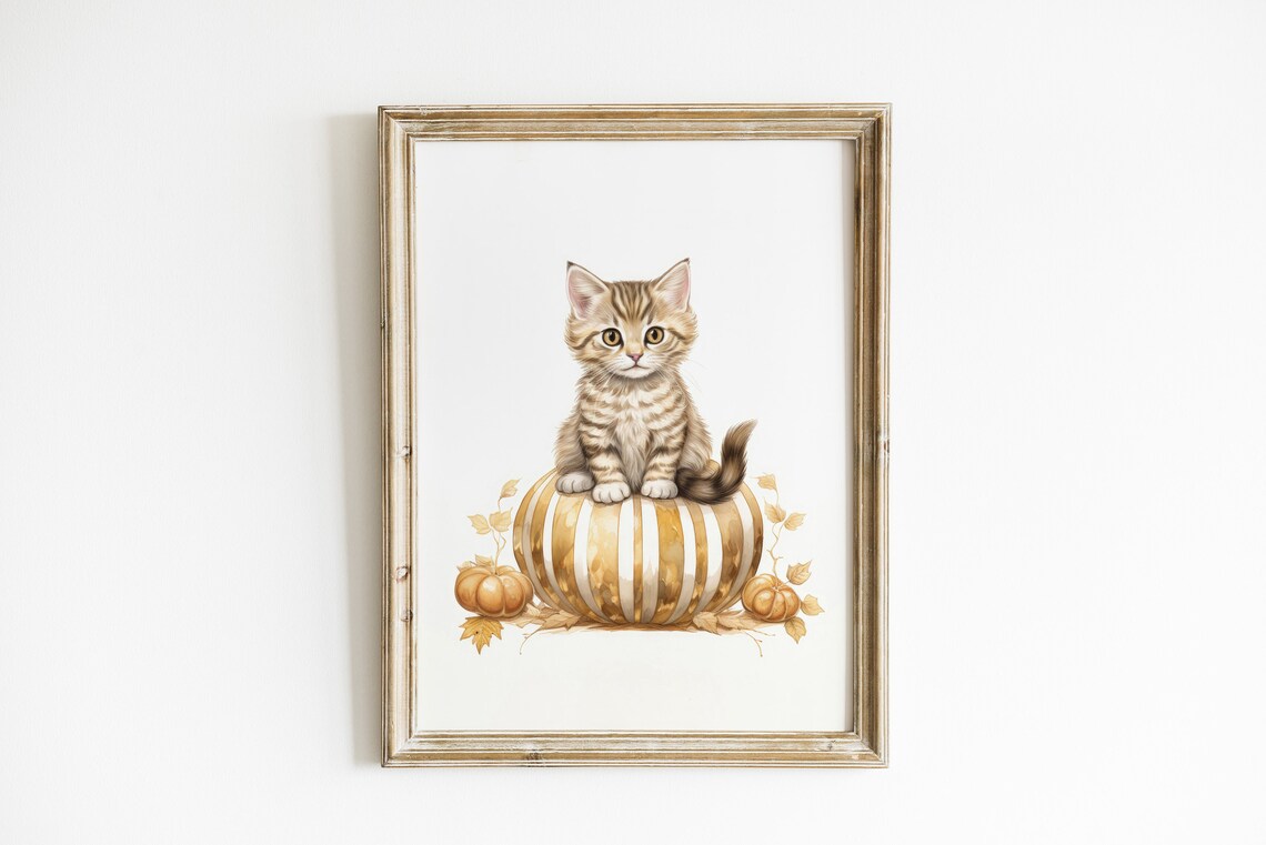 Kitten Sitting On Striped Pumpkin Fall Watercolor Cute Cat Poster