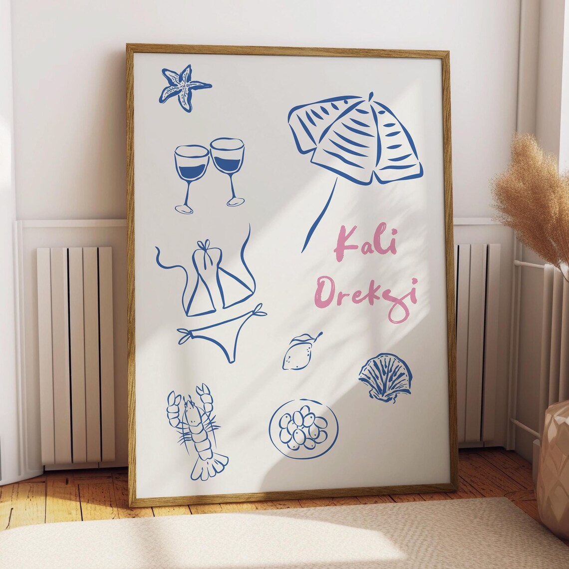 Kali Oreksi Greek Summer Blue Doodle Poster Bikini Wine Beach Icons