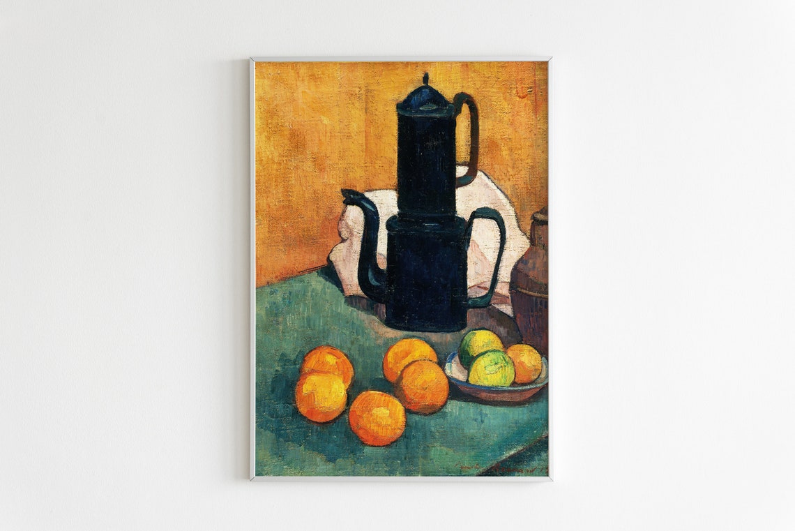 Dark Coffee Pot With Oranges Still Life Painting Style Poster - Image 2