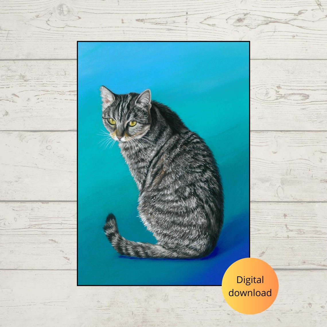 Gray Tabby Cat Sitting Side View Blue Background Portrait Poster