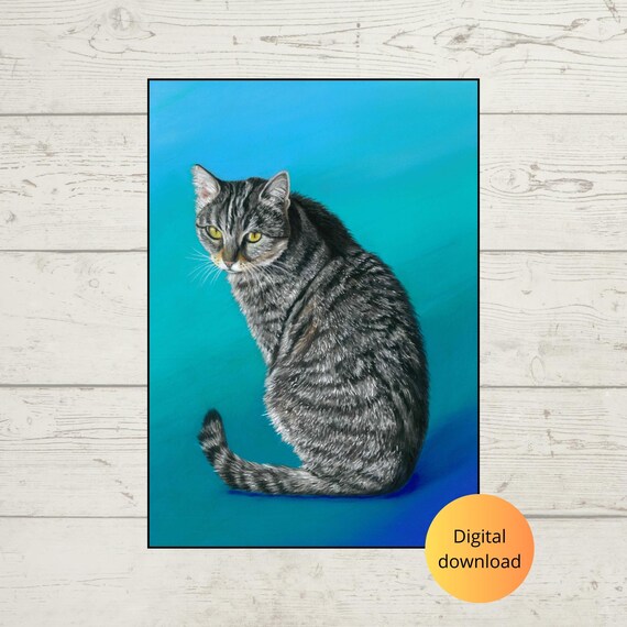 Gray Tabby Cat Sitting Side View Blue Background Portrait Poster