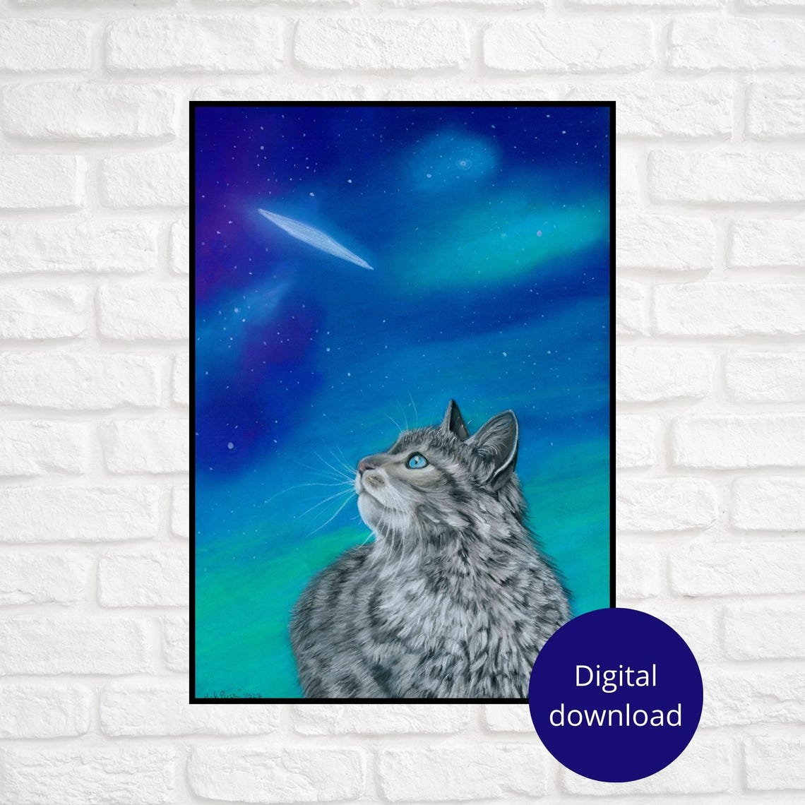 Tabby Cat Watching a Shooting Star in the Aurora Sky Poster Art