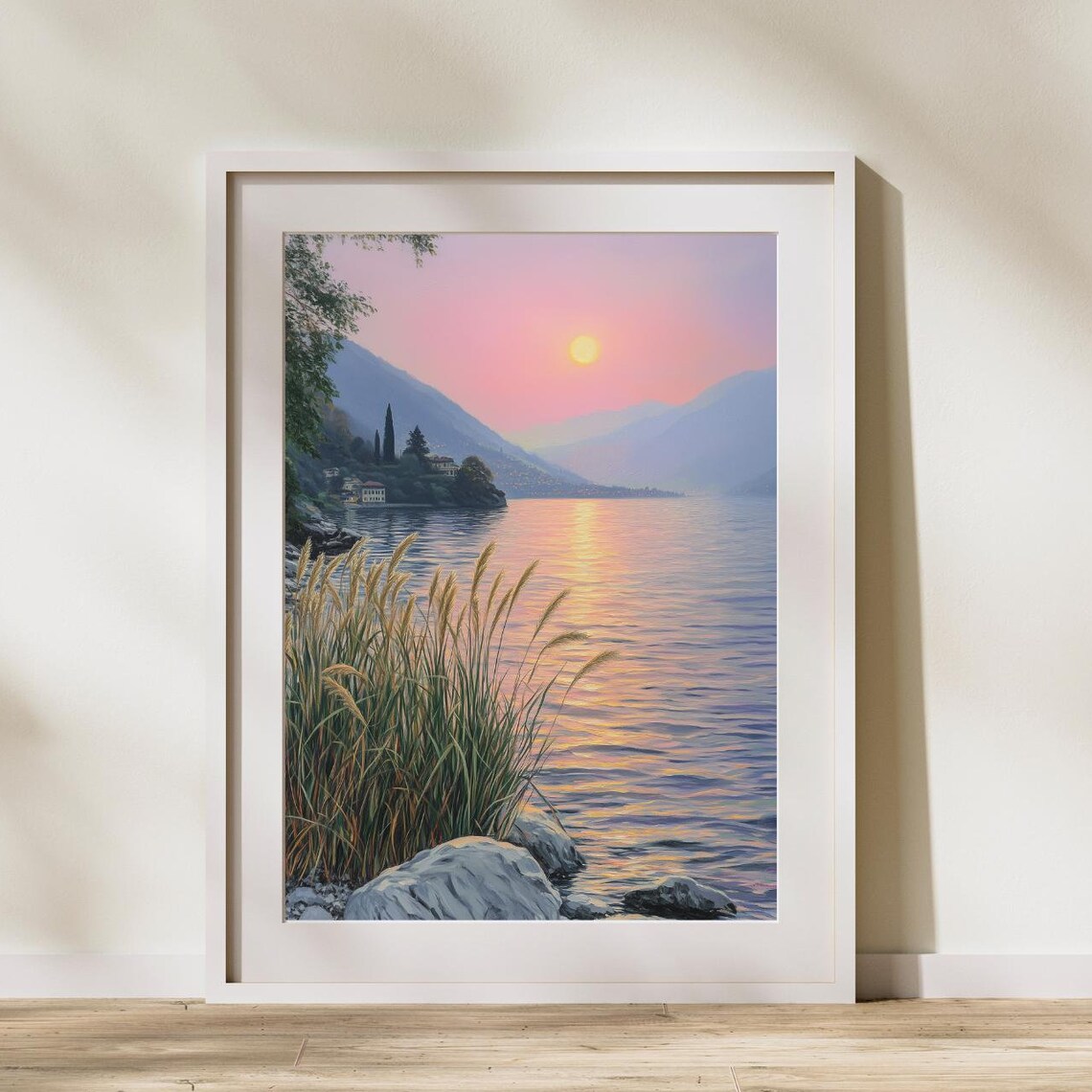Lake Sunset Painting Pink Sky Shore Villas Reeds Lakeside Poster