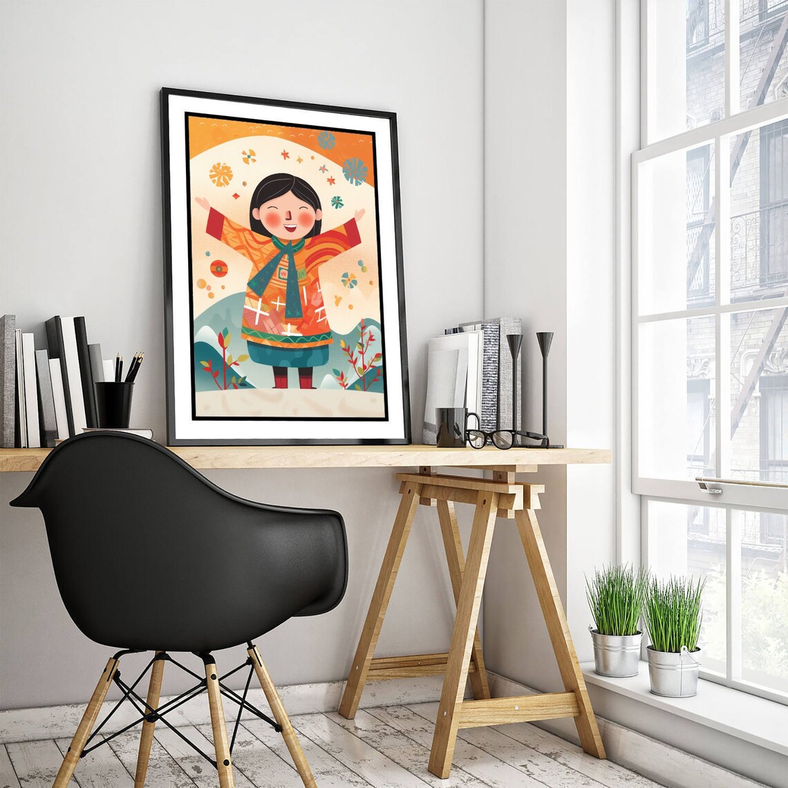 Joyful Girl in Folk Winter Costume Arms Raised Cheerful Kids Print - Image 3