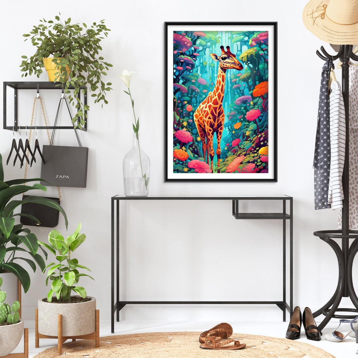 Psychedelic Giraffe in Lush Colorful Jungle Fantasy Art Poster - Image 2