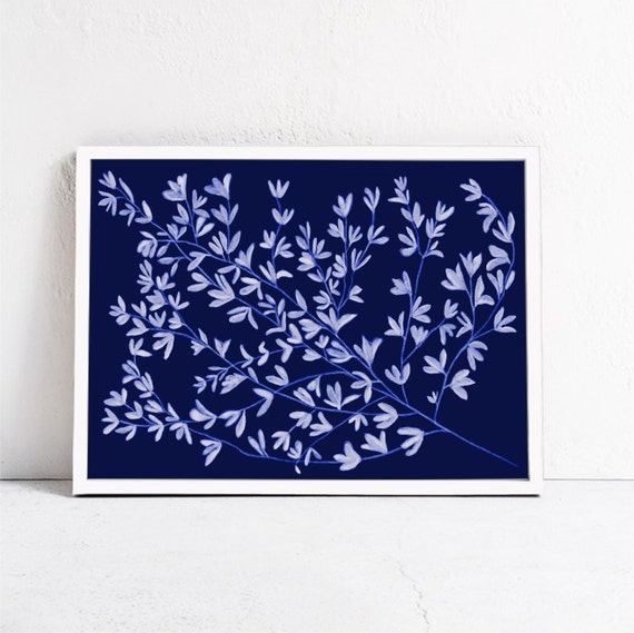 Blue Botanical Illustration, Scandi Boho Art Print