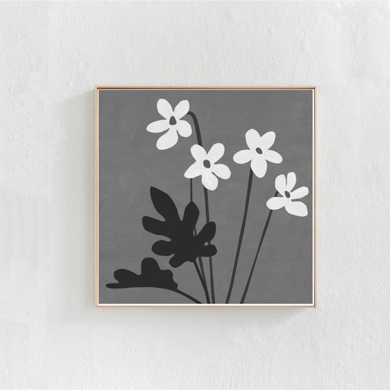 Boho Floral Art Print, Black and White Square