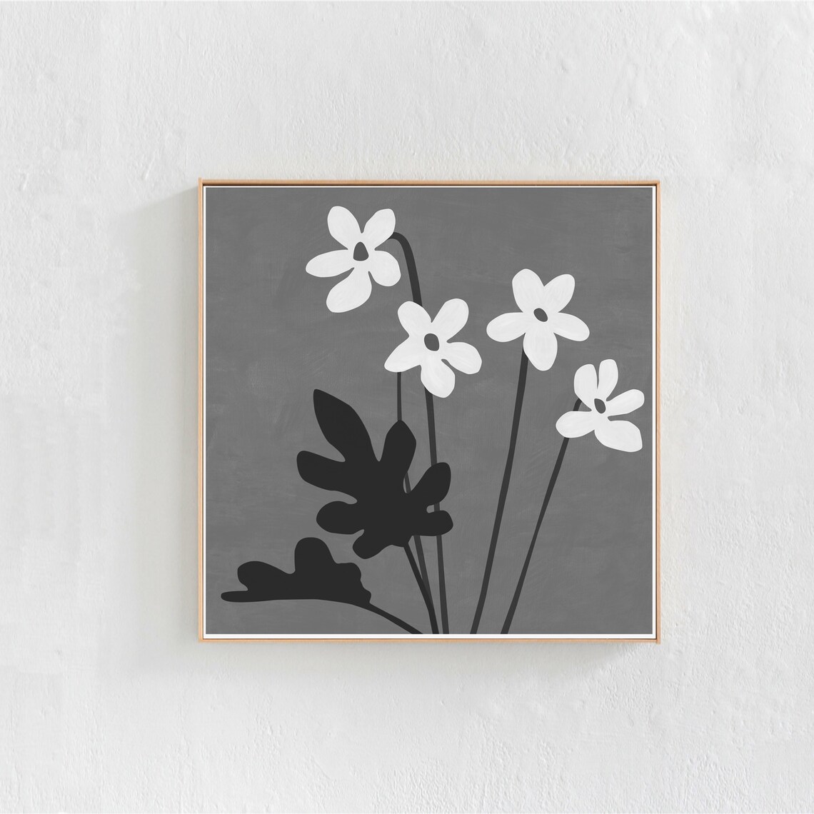 Boho Floral Art Print, Black and White Square