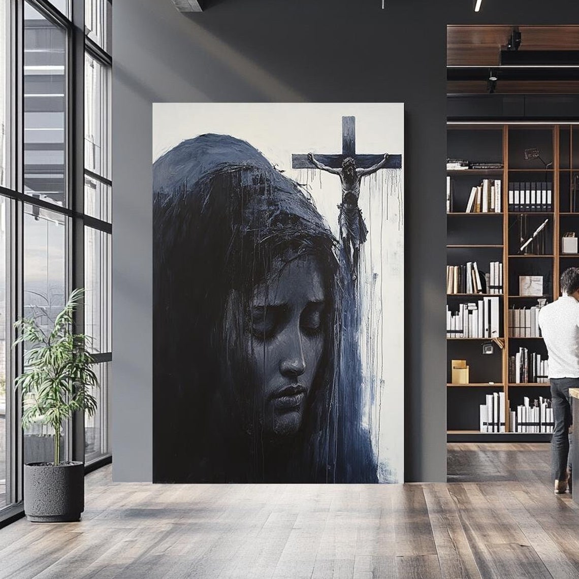 Mourning Veiled Woman Crucifixion Cross Dark Devotional Art Poster