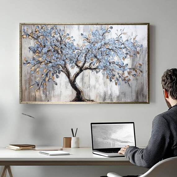 Textured Blue And Gold Tree Painting Modern Palette Knife Art Abstract Wall Decor Elegant Handcrafted Artwork For Home