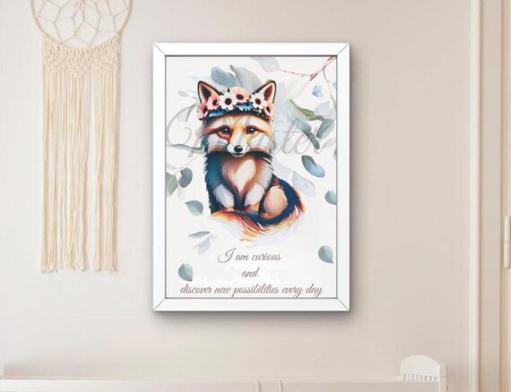 Curious Fox Flower Wreath Nursery Affirmation Watercolor Poster