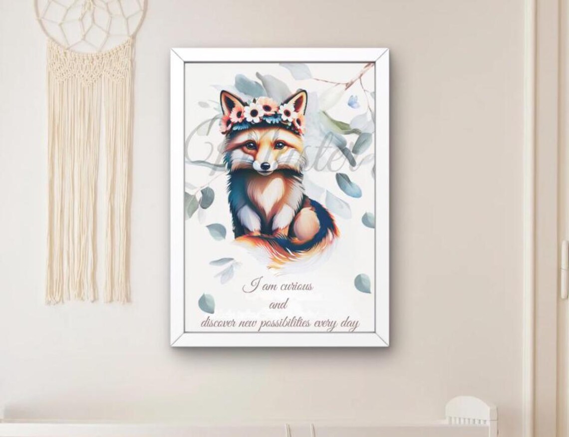 Curious Fox Flower Wreath Nursery Affirmation Watercolor Poster